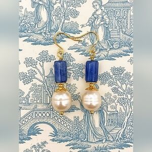 Natural Blue Kyanite & White Freshwater Baroque Pearl Artisan & Classic Earrings